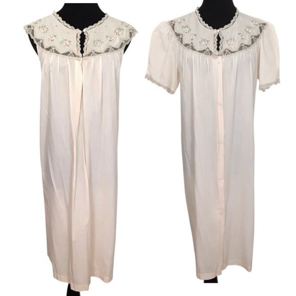 Vintage 1970s Barbizon Nightgown House Coat Peignoir Set Pink Lace Embroidered S - Picture 1 of 14